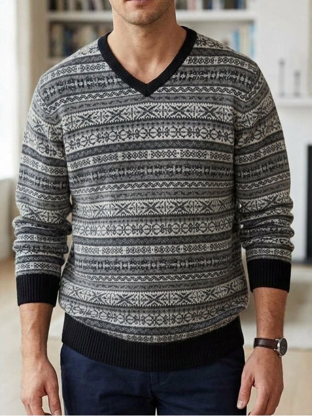 Tommy Hilfiger Men's Lambswool Black Gray Fair Isle V-Neck Sweater Holiday L
